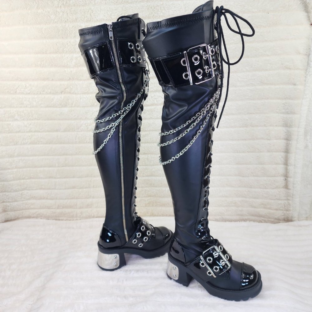 Bratty Big Buckle Strap Drape Chain Block Heel Stretch Thigh Goth Boots - Picture 11 of 15